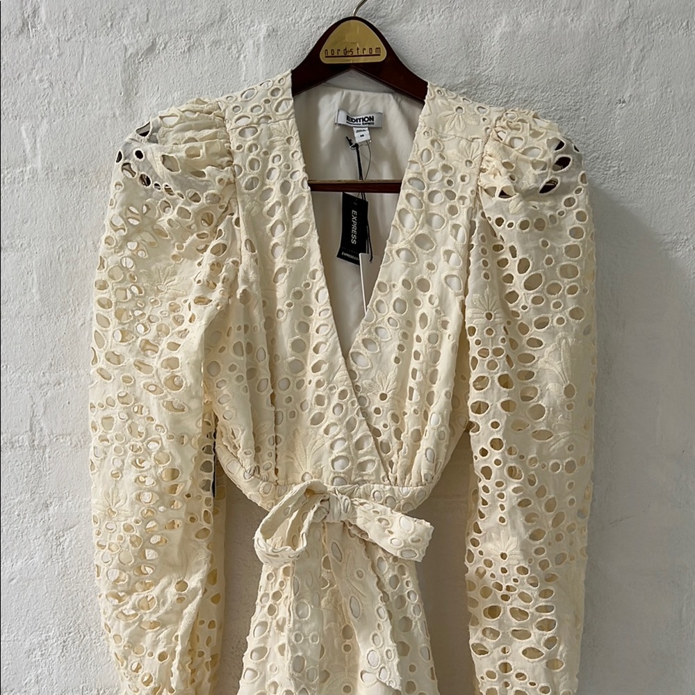 Express Cream Eyelet with Exposed Midriff Long Sleeve Dress